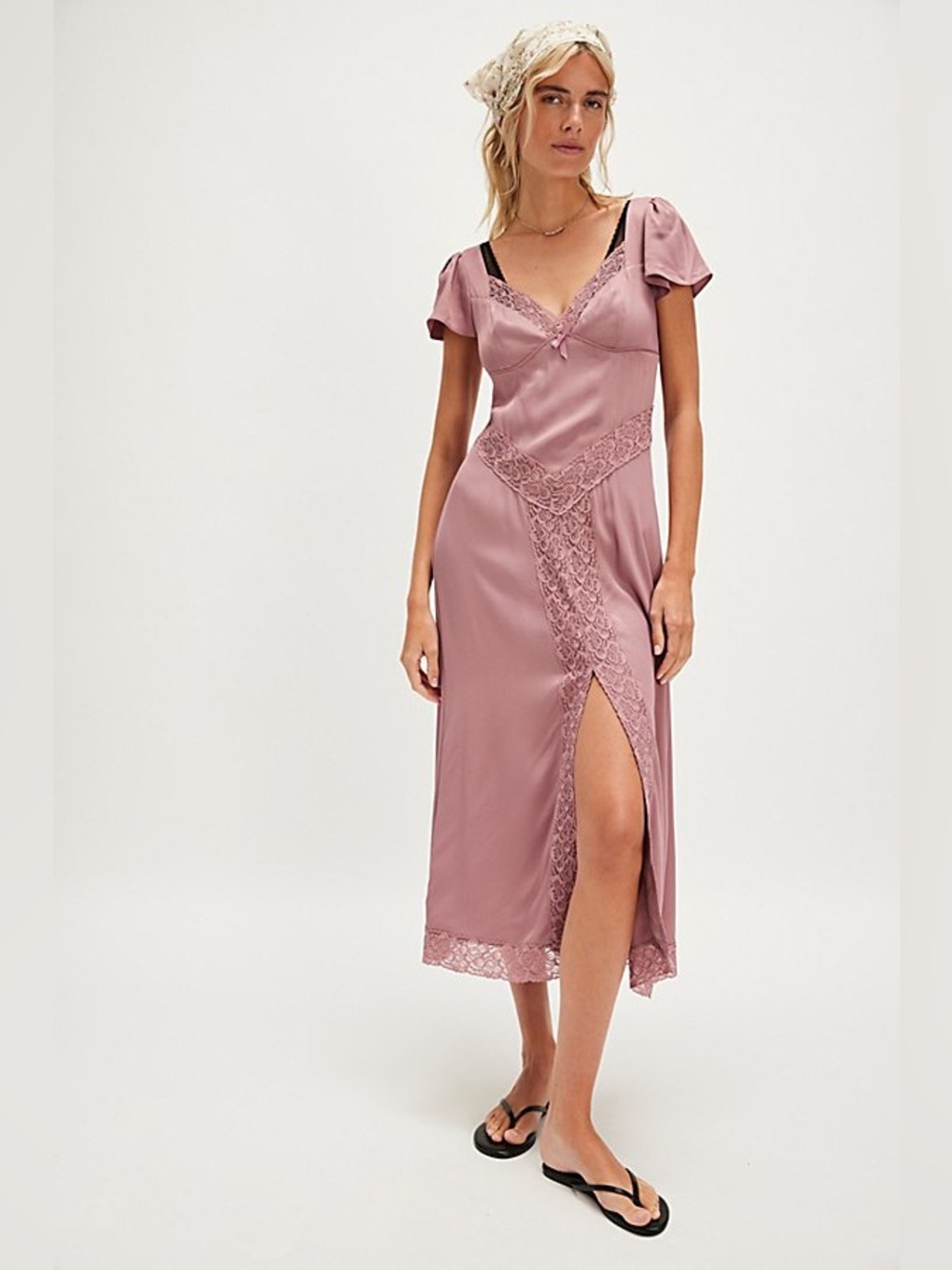 Free People‎ Pink Skies Midi Lace Trim Dress Midi Nostalgia Rose XS Pink Purple